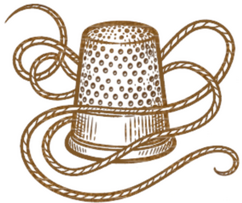 The logo of The Golden Thread intergenerational card game: a golden thread weaving around a golden thimble
